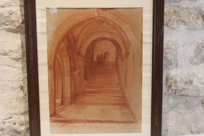 null Drawing with red chalk representing the palace of the popes, signed in bottom...