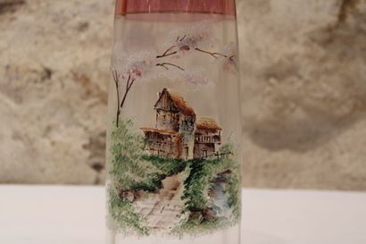 null Pink and translucent glass vase with enamelled and polychrome decoration of...
