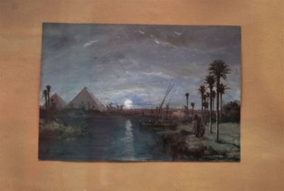 null PAUL PASCAL (1839-1905): view of an island with a pyramid at dusk, gouache on...