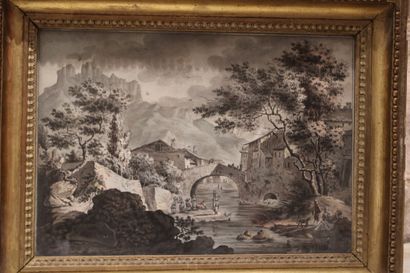 null French school of the end of the 18th century. View of a village by a river with...