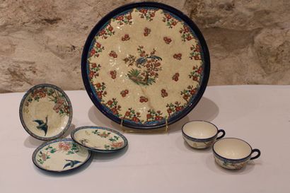 null LONGWY. Large enamelled tray. Two cups and saucers with cross of Lorraine and...