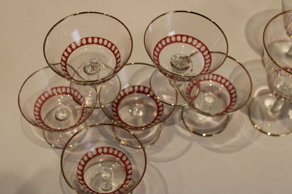 null Cut crystal glasses including 6 wine glasses, 6 champagne glasses, and six goblets....