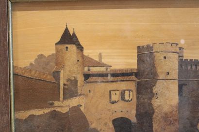 null Charles SPINDLER (1865-1938). The door of the Germans, Metz, marquetry panel,...