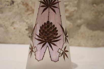 null An Art Deco period enamelled glass vase with geometric and pine cones decoration,...