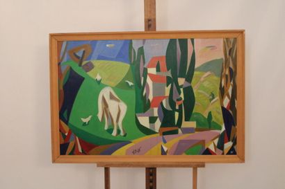 null Paul-Louis BOLOT (1918-2003), "La Campagne", acrylique sur contreplaqué, encadré,...