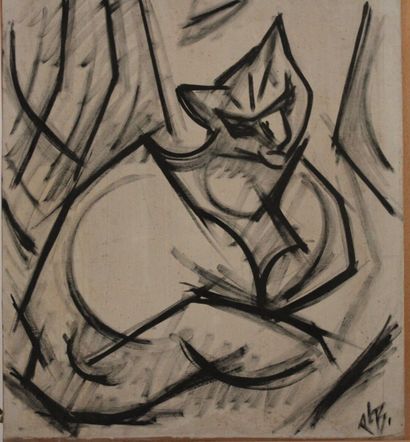 null Paul-Louis BOLOT (1918-2003), "Chat assis", gouache sur carton, signé en bas...