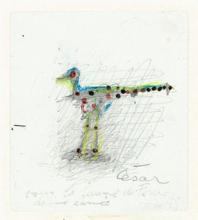 César (César Baldaccini), 1921 - 1998 Poule (1989)

Craie de couleur, crayon et stylo... Gazette Drouot