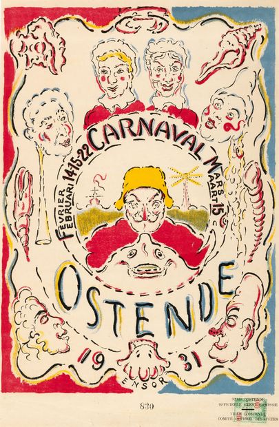 Ensor James 1860 - 1949, Belgique Affiche pour le Carnaval Ostende (1931)
Lithographie... Gazette Drouot