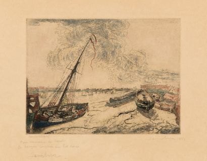Ensor James 1860 - 1949, Belgique Barques échouées (1888)
Eau-forte rehaussée à l'aquarelle
Sur... Gazette Drouot