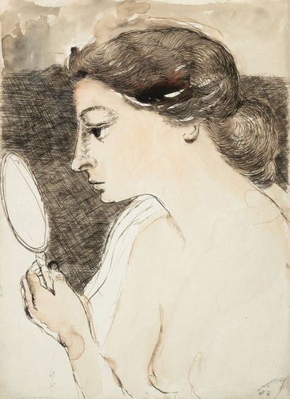 Delvaux Paul 1897 - 1994, Belgique Femme au miroir
Aquarelle et dessin à la plume... Gazette Drouot