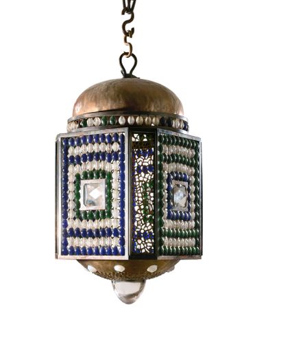 André DUBREUIL Oriental lantern in steel, copper, enamel and glass (missing, some... Gazette Drouot
