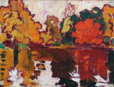 Louis VALTAT (1869-1952) Les cygnes sur le lac du bois de Boulogne, Huile sur panneau...