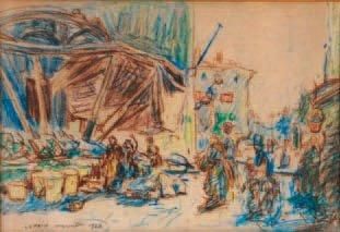 Marcel LEPRIN (1891-1933) Scène de marché à Marseille Dessin au crayon de couleur,...