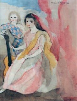 Marie LAURENCIN (1883-1956) Jeune fille à l'Arlequin Aquarelle, signée en haut à...