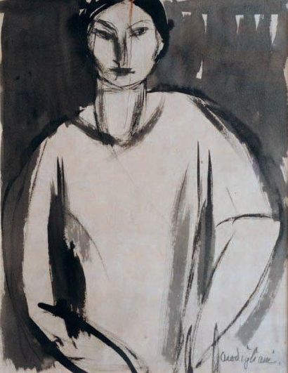 Amedeo MODIGLIANI (1884-1920) Portrait de Jeune femme brune en buste Dessin au lavis...
