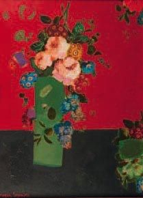 Roger BEZOMBES (1913-1994) Trois Roses Peinture et collage de tissu sur panneau signé...