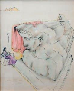 Jean COCTEAU (1889-1963) Le sphinx Aquarelle et crayons de couleurs signée en bas...