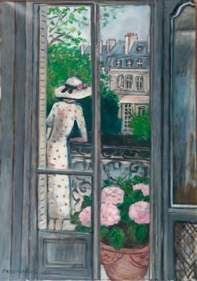 Jean Pierre CASSIGNEUL (Né en 1935) Femme au balcon, vue de l'Avenue Foch Huile sur...