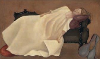 Léonor FINI (1908-1996) Fille allongée. Huile sur toile, signée en bas à droite 33x54,8cm...
