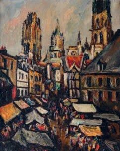 Pierre DUMONT (1884-1936) La place du marché à Rouen Huile sur toile, signée en bas...