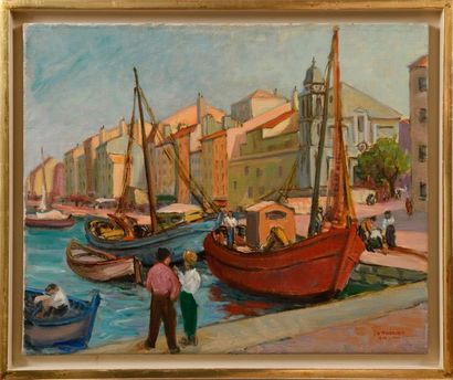 null Lie THELIER (1902-1976) 

"Le port de Toulon - 1948" 

Huile sur toile, signée...