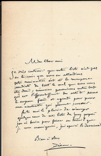null [Ecole de Barbizon]

Félix ZIEM

Lettre autographe signée, à "un cher ami".S.l.n.d....