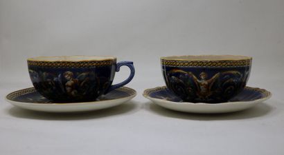 null GIEN - Deux tasses et soucoupes (modèles différents) en faience à décor Renaissance...