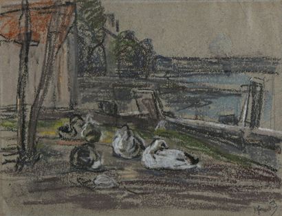 null Eugène BOUDIN (1824-1898) 

"Canards sur la berge"

Pastel monogrammé du cachet...