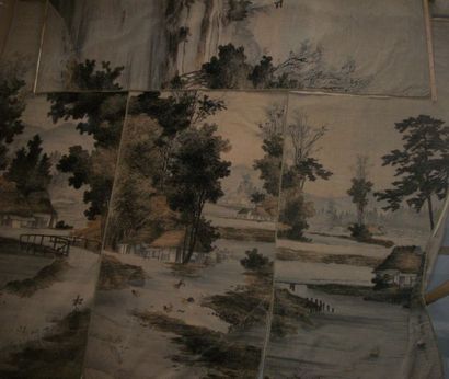 null Suite de quatre tentures en velours imprimé, Japon, vers 1900, paysages lacustres.

1,...