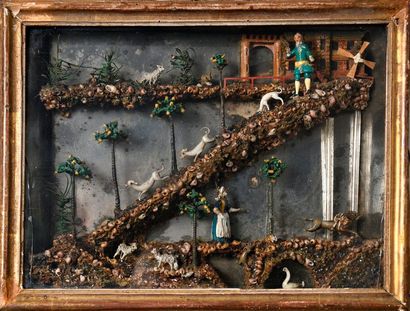 null Pair of dioramas in spun glass, cardboard and seashells, representing a scene...