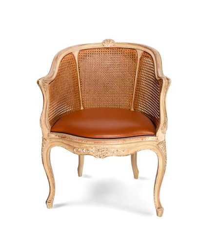 null Office armchair, wickerwork, lacquered wood in cream colour, with carved florets,...