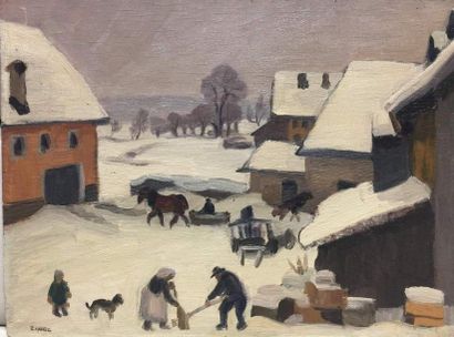 JULES-ÉMILE ZINGG (Montbéliard 1882 - Paris 1942) Snow, Farmyard in Russey
signed...
