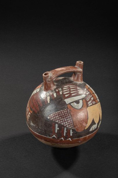 null Double-necked gourd vase depicting a stylized pelican holding a fish in its...