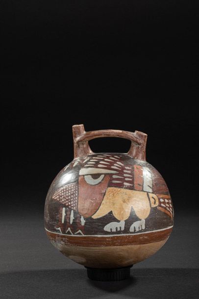 null Double-necked gourd vase depicting a stylized pelican holding a fish in its...