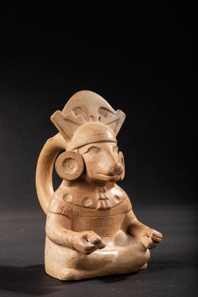 null Vase representing a shaman

Sitting in a suit, he wears a mask with the head...
