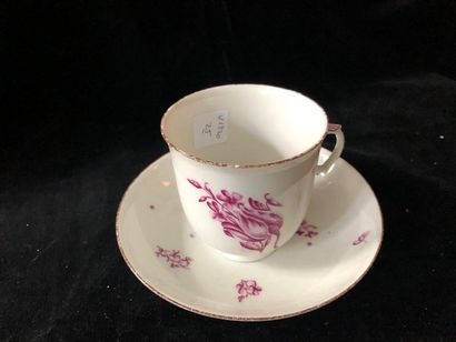 null MEISSEN. Porcelain cup resting on a small foot and its saucer, purple decoration...