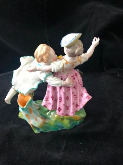 null HOESCHT. Porcelain group of two dancers performing on a grassy terrace. Mark...