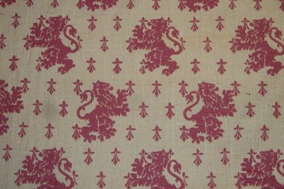 Maison Edmond Petit Heraldic Lions printed burlap, ecru background, red printed decoration...