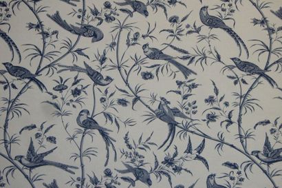 Maison Hamot Bengali Hamot printed cotton, cream background, blue decoration of birds...