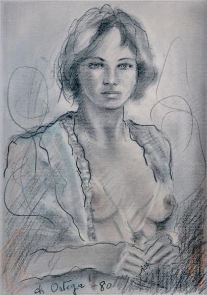 Charles Ortega (1925 - 2006) « Jeune fille en déshabillée vaporeux ». Crayon noir...