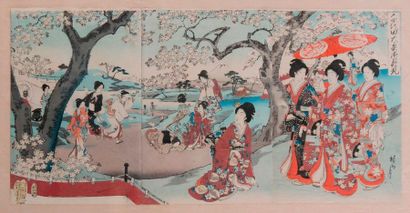 null Triptyque d'estampes Japon Meiji fin 19eme ,signé Chikanobu jeunes femmes se...