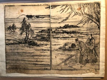 null Sumi-e print double album page from HOKUSAI: two samurai in a lake landscape...