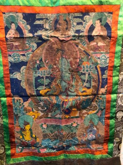 null Peinture sur toile: THANGKA représentant TARA verte entourée de bodhisattvas,...