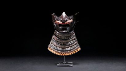 null Menpo" face protector in lacquered metal, with moustache. Japan Edo/Meiji H...