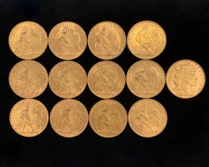 null 
Treize pièces 20FF Coq Marianne en or (900‰) datées 1904, 1905, 1906, 1907...