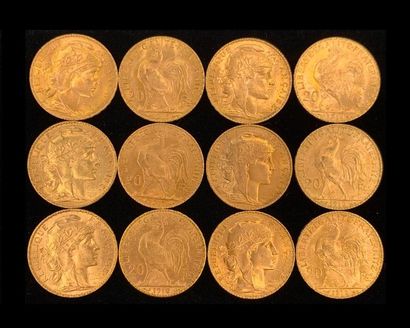 null 
Douze pièces 20FF Coq Marianne en or (900‰) datées 1902, 1910, 1912, 1913 et...