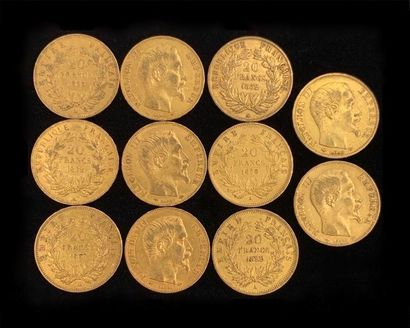 null 
Onze pièces 20FF Napoléon III en or (900‰) datées 1852, 1853, 1855, 1856, 1857,...