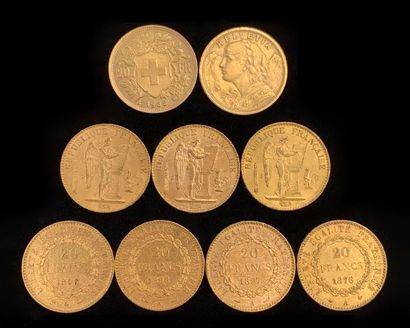 null 
Neuf pièces en or (900‰) comprenant : - sept pièces 20FF Génie III République,...