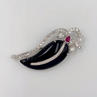 null Leaf" brooch in platinum (950‰) openworked, set with onyx, brilliant-cut and...