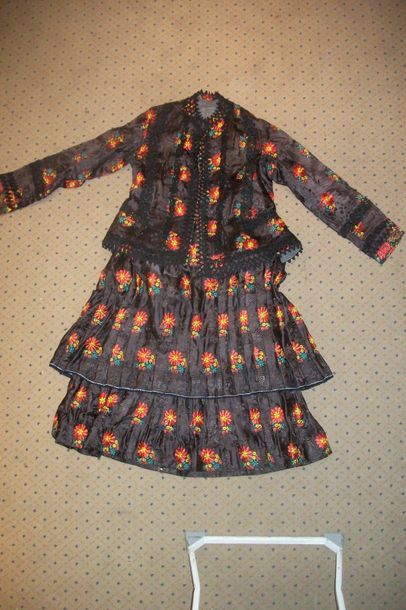 null Ruffled skirt and jacket, Hungary, Kalocha, chocolate satin damask embroidered...